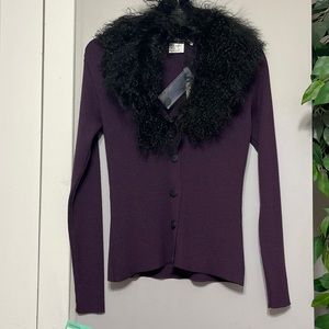 Monica Bianco Button Closure Sweater With Genuine Mongolian Lamb Collar